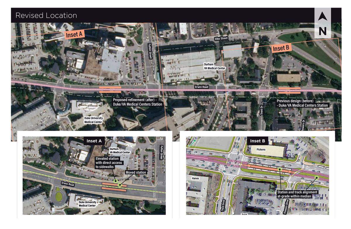A drawing shows how the Durham-Orange light-rail tracks could be laid along Erwin Road near the Durham VA Medical Center and Duke University Medical Center. Inset B shows the previous plan for the tracks and Erwin Road station; Inset A shows the revised plan.