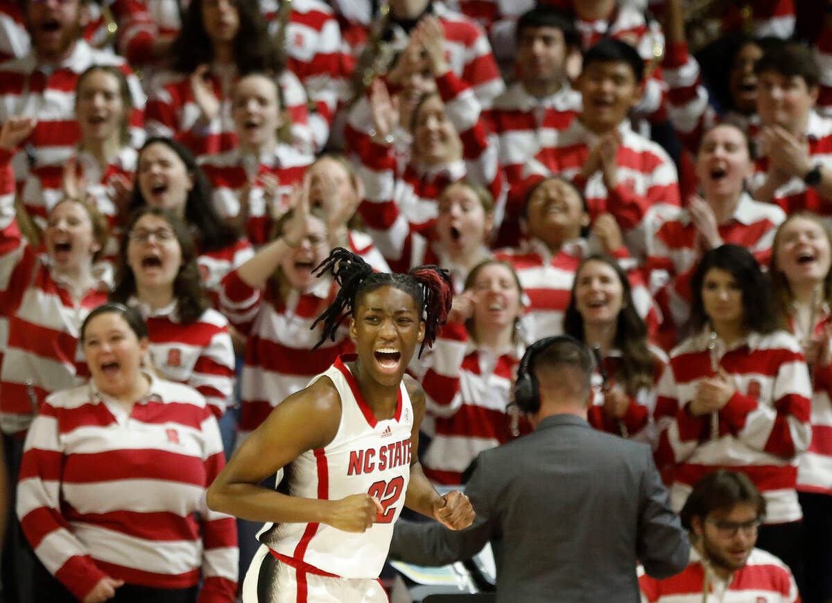 N.C. State’s Saniya Rivers reacts after a made basket during the first half of the Wolfpack’s game against Duke on Sunday, Jan. 21, 2024, at Reynolds Coliseum in Raleigh, N.C.