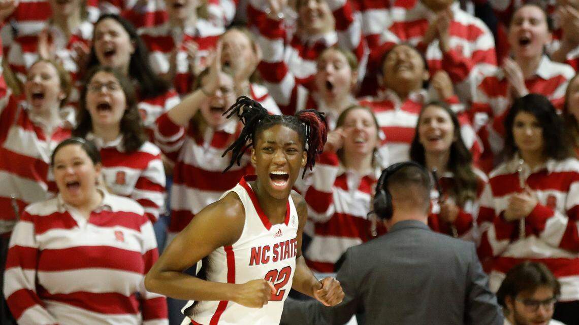 N.C. State’s Saniya Rivers reacts after a made basket during the first half of the Wolfpack’s game against Duke on Sunday, Jan. 21, 2024, at Reynolds Coliseum in Raleigh, N.C.
