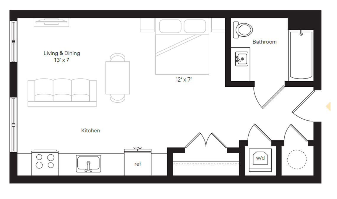 A floor plan for a 484-square-foot studio apartment in Rigsbee Collection apartments, which recently opened at 318 W. Corporation St. in Durham.