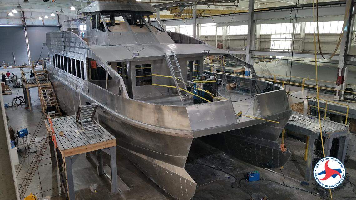 The Ocracoke Express, as it looked in December 2018 at the US Workboats shipyard in Hubert. The passenger ferry, which is three years behind schedule, is now in the water undergoing final tests.