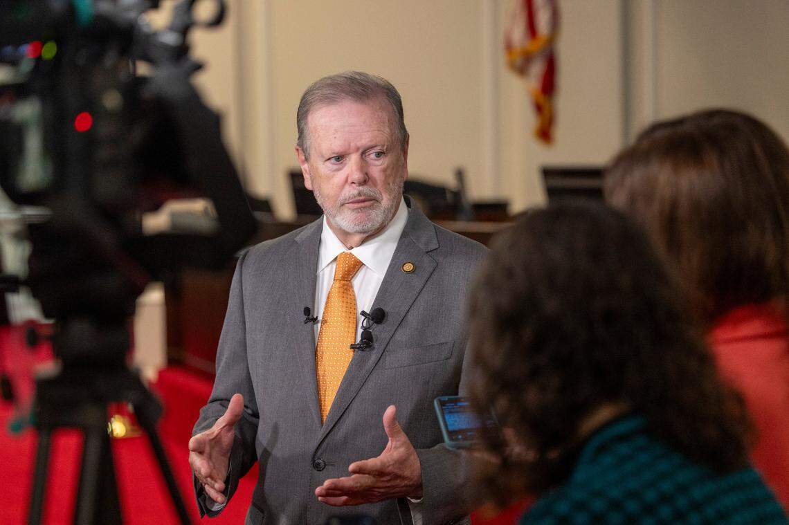 Sen. leader Phil Berger answers questions from the media following a final vote on the state budget bill Friday, Sept. 22, 2023 on the Senate Floor of the General Assembly. The bill passed the Republican-controlled General Assembly on Friday after a final Senate vote.