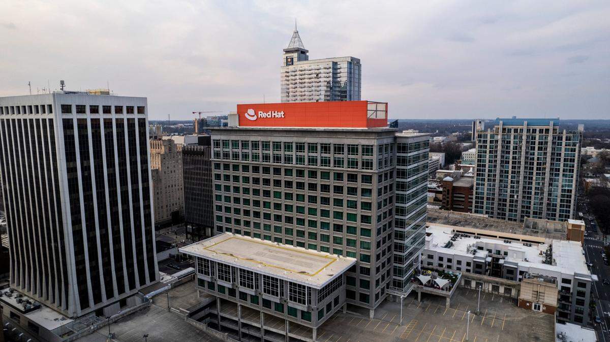 An aerial view of the Red Hat building in downtown Raleigh Thursday, Feb. 16, 2023.