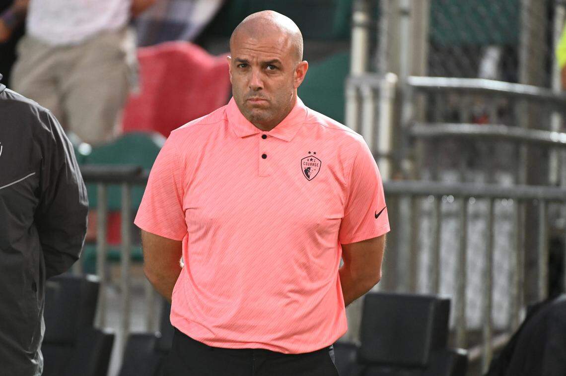 North Carolina Courage head coach Sean Nahas looks on before a match against the Houston Dash at WakeMed Soccer Park.