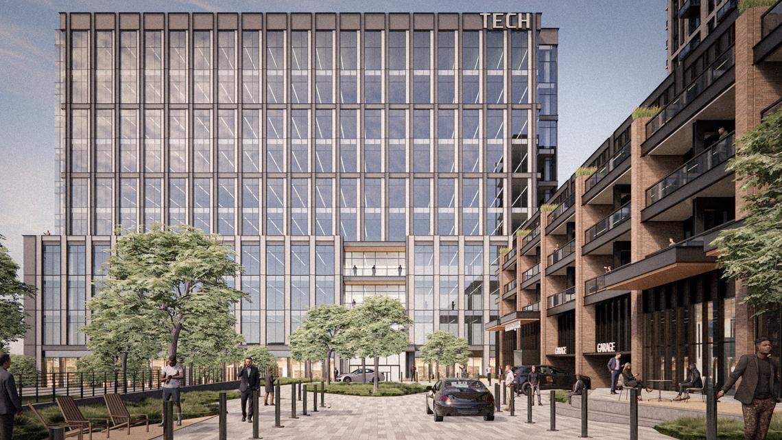 A rendering of the proposed office building in Heritage Square that would house labs and attract tenants in the life sciences. It would face the Durham Freeway.