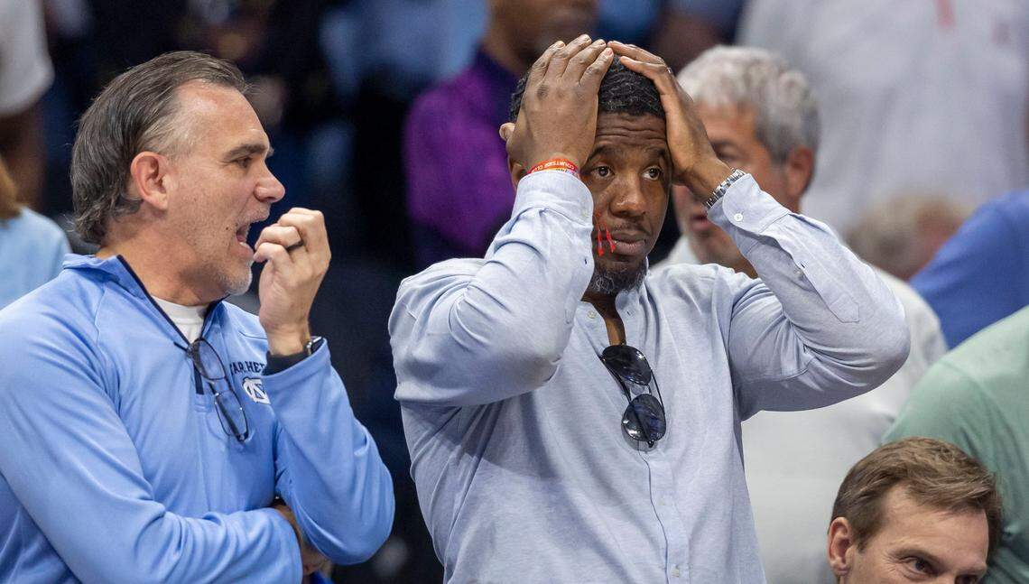 Former Tar Heel Shammond Williams reacts during the closing moments of the ACC semifinal game between North Carolina and Duke on Friday, March 14, 2025 at Spectrum Center in Charlotte, N.C.