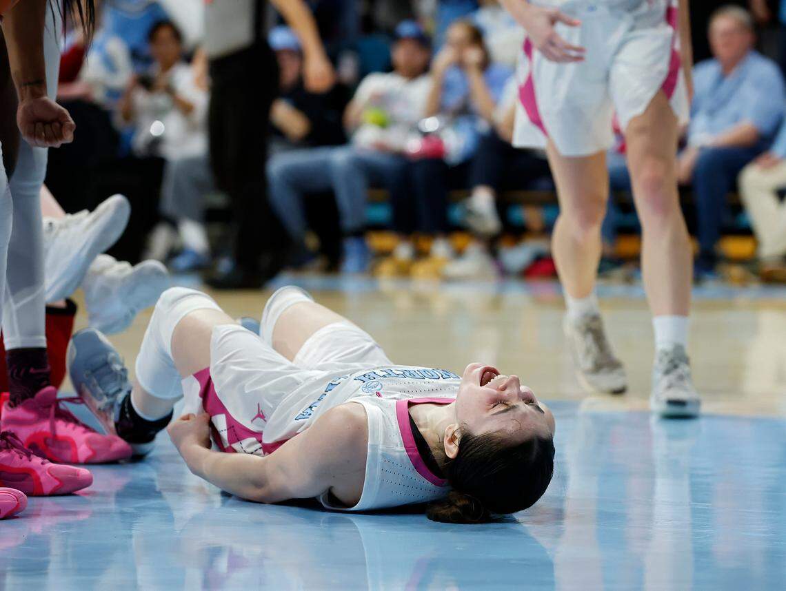 North Carolina’s Lanie Grant reacts after drawing an offensive foul during the second half of the Tar Heels’ 66-65 win over N.C. State on Sunday, Feb. 16, 2025, at Carmichael Arena in Chapel Hill, N.C.