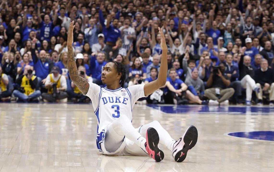 Duke’s Isaiah Evans (3) looks for the foul call after making a three-pointer during the first half of Duke’s game against Virginia at Cameron Indoor Stadium in Durham, N.C., Saturday, Feb. 28, 2026.