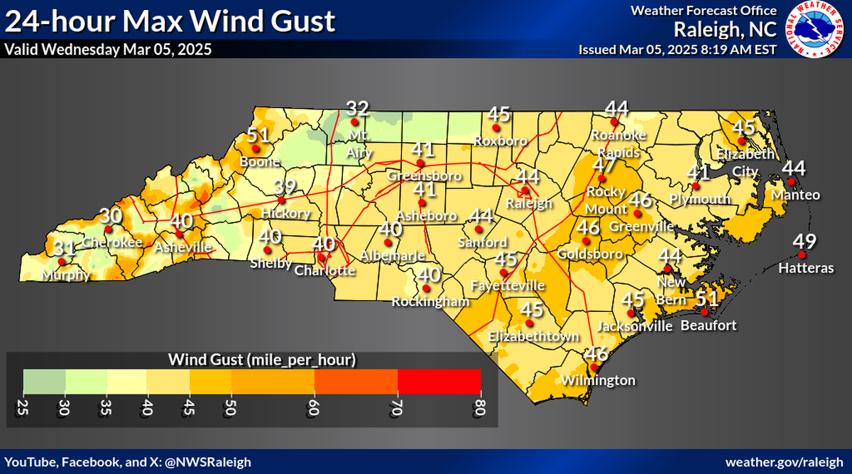 Wind gusts of 40 mph to 50 mph are possible across much of the eastern half of North Carolina on Wednesday, March 5, 2025, as a cold front moves across the state. Tornado watches are in place across much of the region through early afternoon.