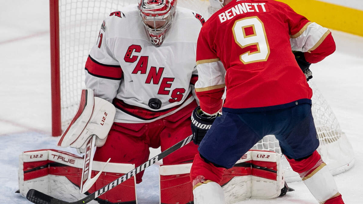 Carolina Hurricanes Frederik Andersen (31) stops a scoring attempt the Florida Panthers Sam Bennett (9) in the second period of Game 3 of the Eastern Conference Finals on Monday, May 22, 2023 at FLA Live Arena in Sunrise, Fla.
