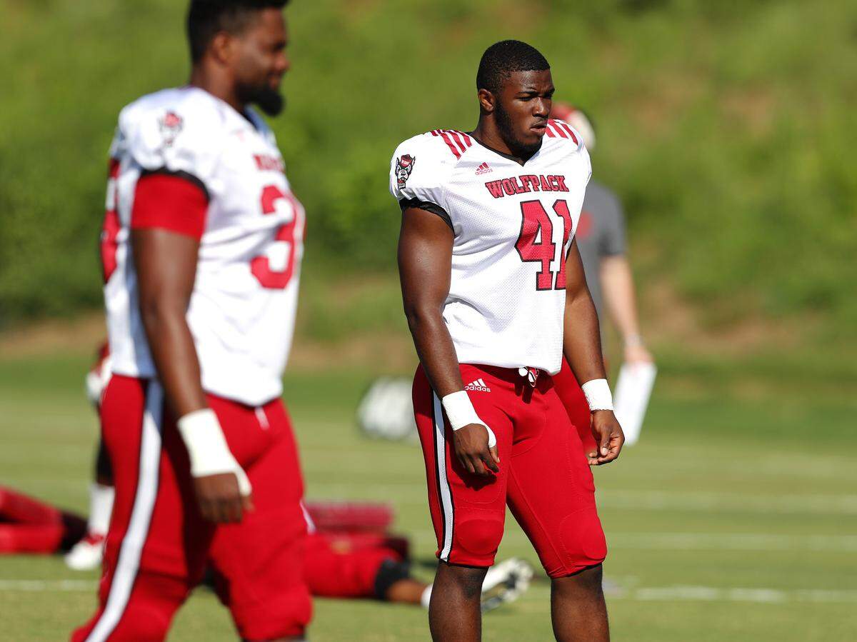 N.C. State linebacker Isaiah Moore (41) gets ready during the Wolfpack’s practice  Raleigh, N.C., Thursday, August 9, 2018.
