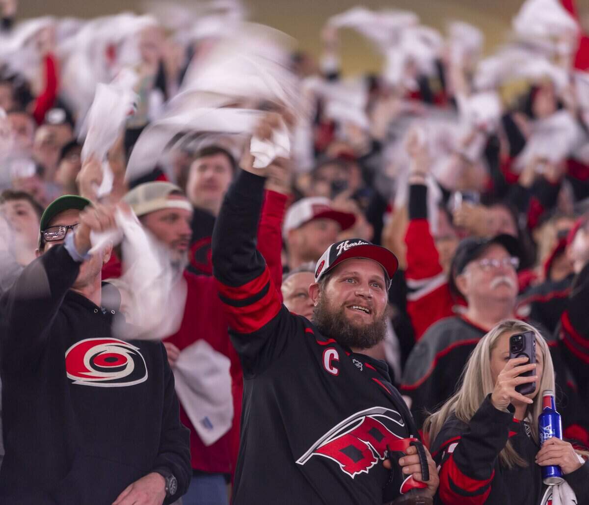 Carolina Hurricanes fans welcome the team to the ice for Game 1 against Philadelphia on Saturday, May 2, 2026, during the second round of the Stanley Cup Playoffs at Lenovo Center in Raleigh, N.C.
