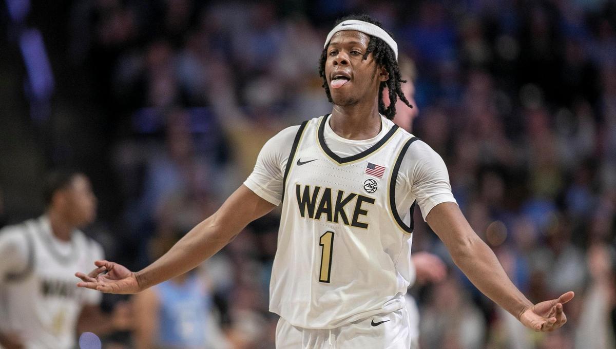 Wake Forest’s Tyree Appleby (1) reacts after scoring his 18th point to give the Demon Deacons a 67-44 lead in the second half on Tuesday, February 7, 2023 at Lawrence Joel Coliseum in Winston-Salem, N.C.
