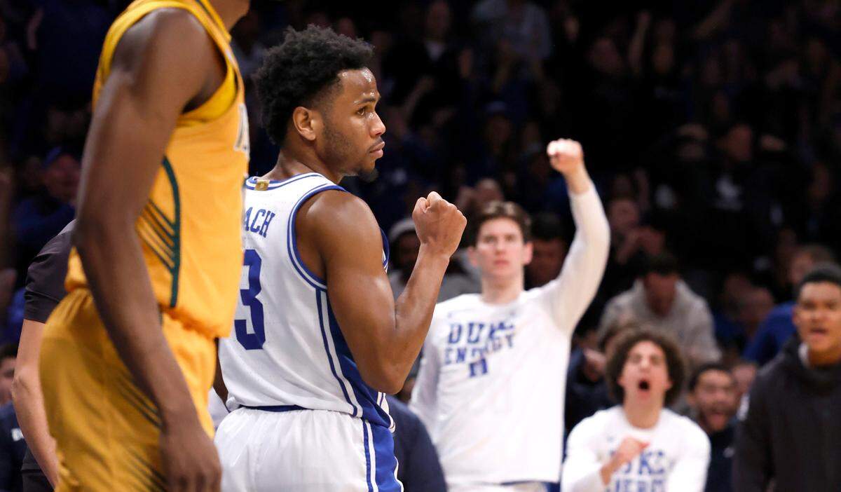 Duke’s Jeremy Roach (3) celebrates after making the basket while being fouled during the second half of Duke’s 64-47 victory over Vermont in the first round of the NCAA Tournament at the Barclays Center in Brooklyn, N.Y., Friday, March 22, 2024.