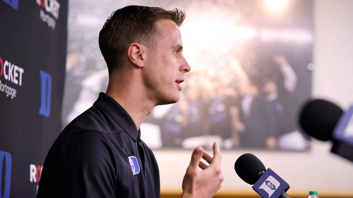 Duke head basketball coach Jon Scheyer answers questions during a media availability at Cameron Indoor Stadium in Durham, N.C., Tuesday, May 3, 2022.