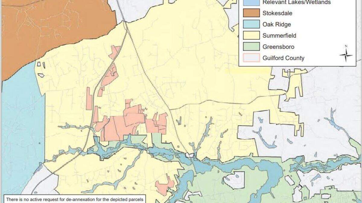 Yellow area is the town of Summerfield. Green area is Greensboro. Gray area is Guilford County. Pink areas would be deannexed from Summerfield and made part of the county under House Bill 5.