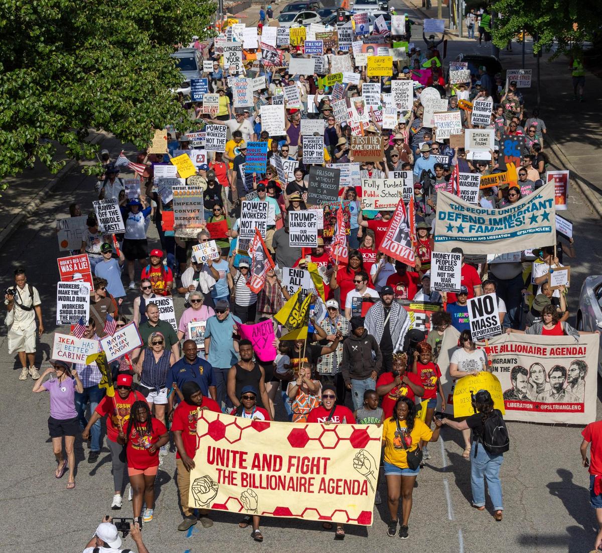 Hundreds of May Day demonstrators march along Lane Street from the Halifax Mall to the Bicentennial Mall on May 1, 2025, in Raleigh in this file photo.  The crowd is expected to be much larger for Friday’s protest being organized by the North Carolina Association of Educators. 