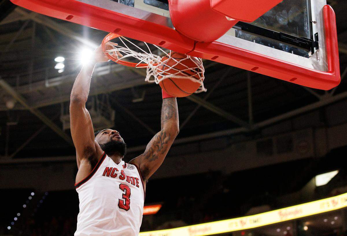 N.C. State’s Dontrez Styles slams in two during the first half of the Wolfpack’s game against Presbyterian on Friday, Nov. 8, 2024, at Lenovo Center in Raleigh, N.C.