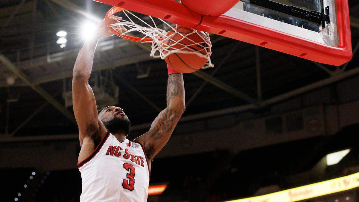 N.C. State’s Dontrez Styles slams in two during the first half of the Wolfpack’s game against Presbyterian on Friday, Nov. 8, 2024, at Lenovo Center in Raleigh, N.C.