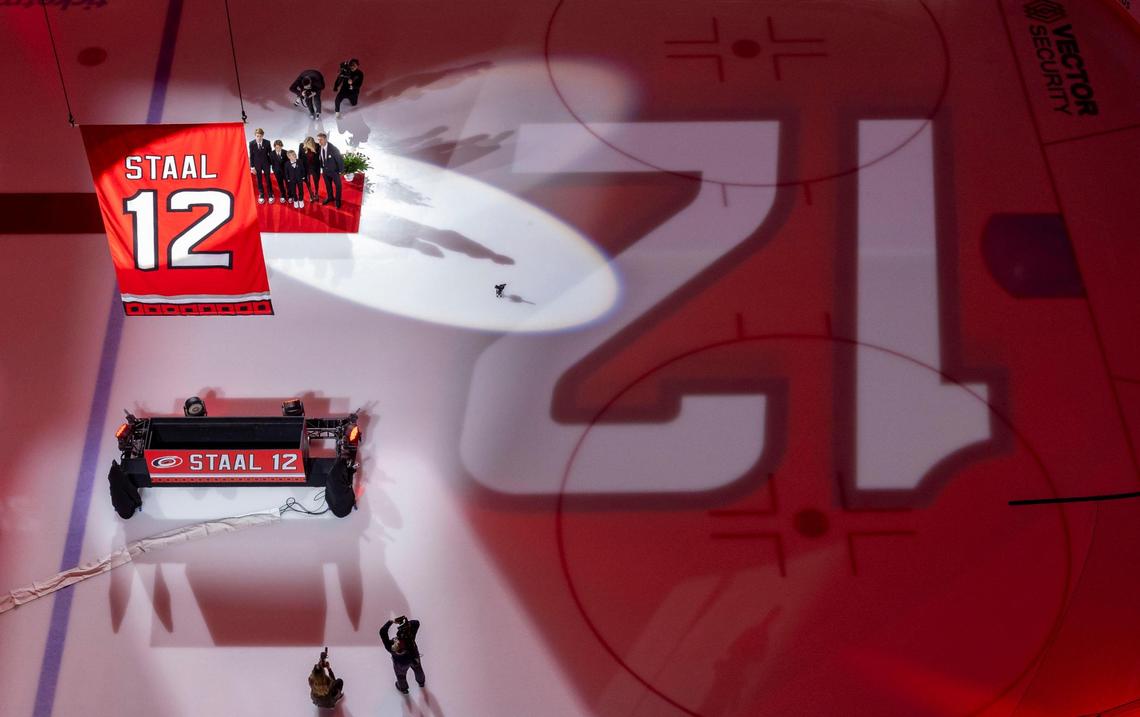 Eric Staal, his wife Tanya, along with sons Finley, Levi and Parker watch as the former Carolina Hurricane has his jersey retired on Sunday, January 12, 2025 at Lenovo Center in Raleigh, N.C.