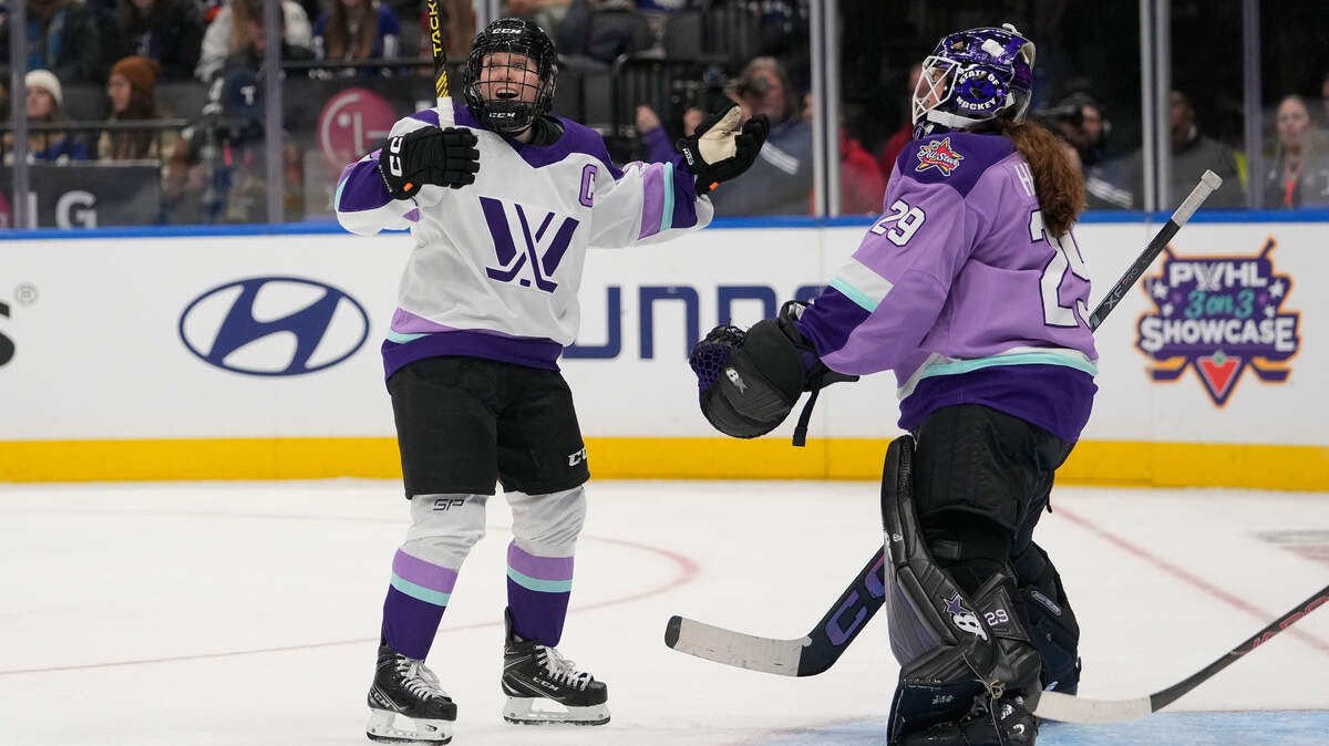 Feb 1, 2024; Toronto, Ontario, CANADA; Team King forward Kendall Coyne Schofield (26) celebrates her goal against Team Kloss goaltender Nicole Hensley (29) during the PWHL 3-on-3 Showcase during NHL All-Star Thursday at Scotiabank Arena. Mandatory Credit: John E. Sokolowski-USA TODAY Sports