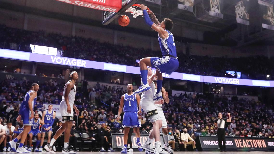 Duke’s Paolo Banchero (5) slams in two during Duke’s 76-64 victory over Wake Forest at LJVM Coliseum in Winston-Salem, N.C., Wednesday, January 12, 2022.