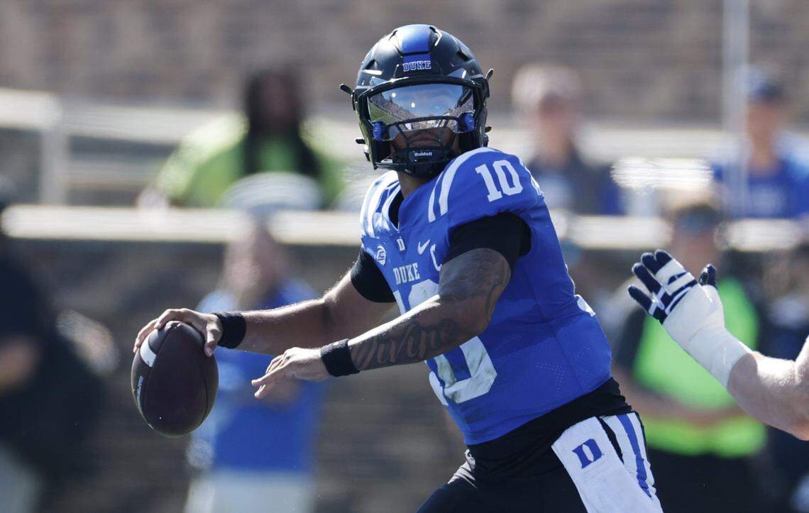 Duke quarterback Darian Mensah (10) prepares to throw during the first half of Duke’s game against Georgia Tech at Wallace Wade Stadium in Durham, N.C., Saturday, Oct. 18, 2025.