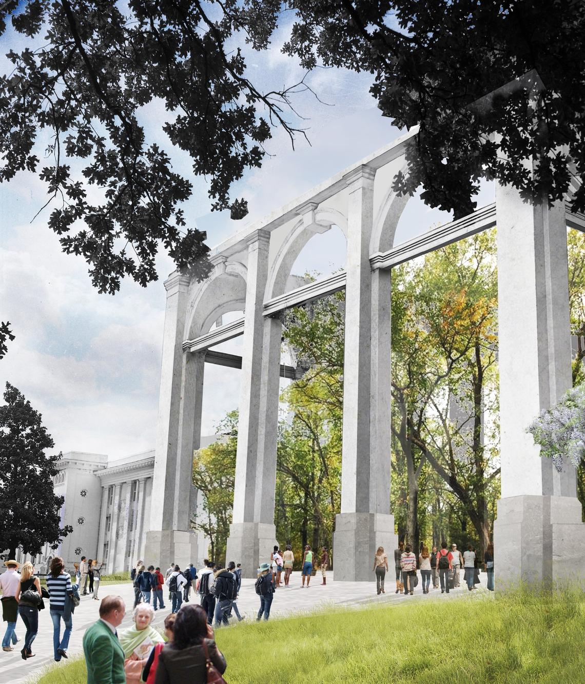 Michael Van Valkenburgh Associates have suggested a reconstructed colonnade with an allee of trees behind it reminiscent of Dix Hospital’s Center Pavilion.