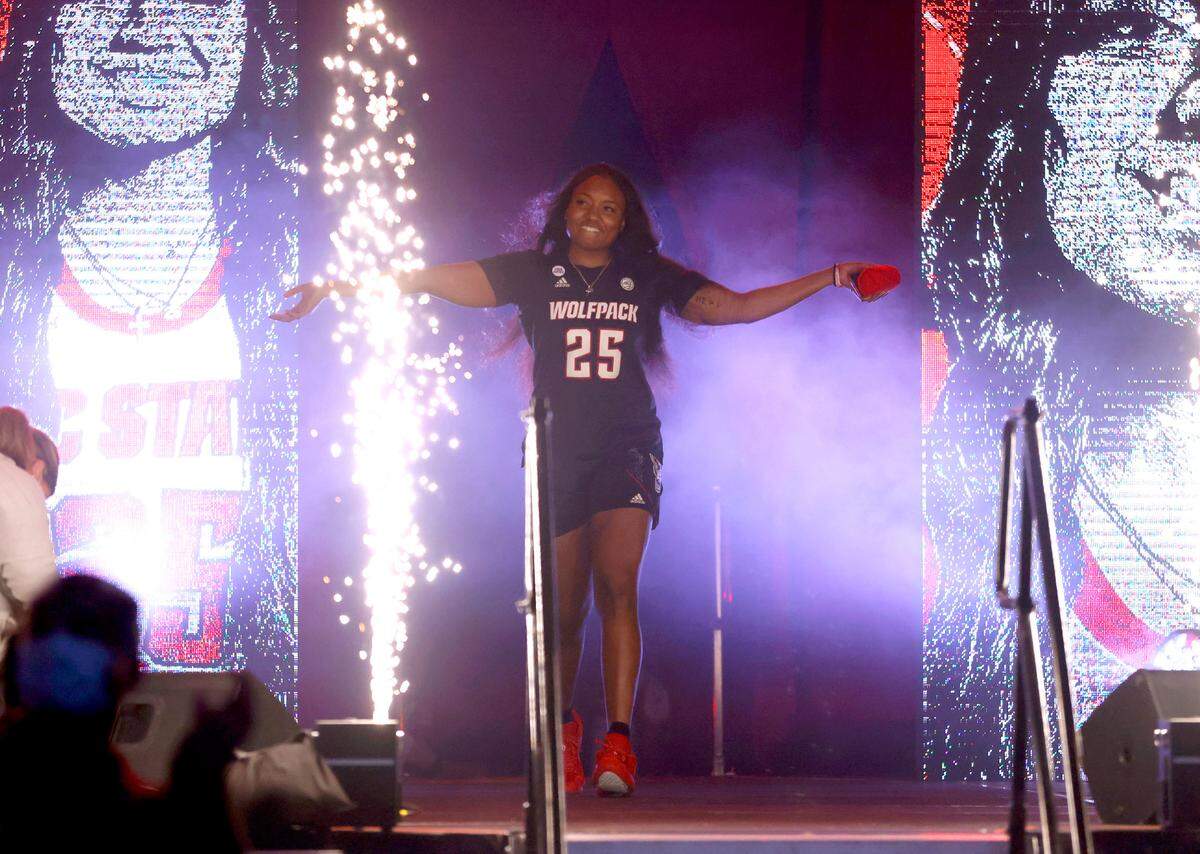 N.C. State’s Kayla Jones (25) is introduced during Primetime with the Pack at Reynolds Coliseum in Raleigh, N.C., Thursday, October 14, 2021.