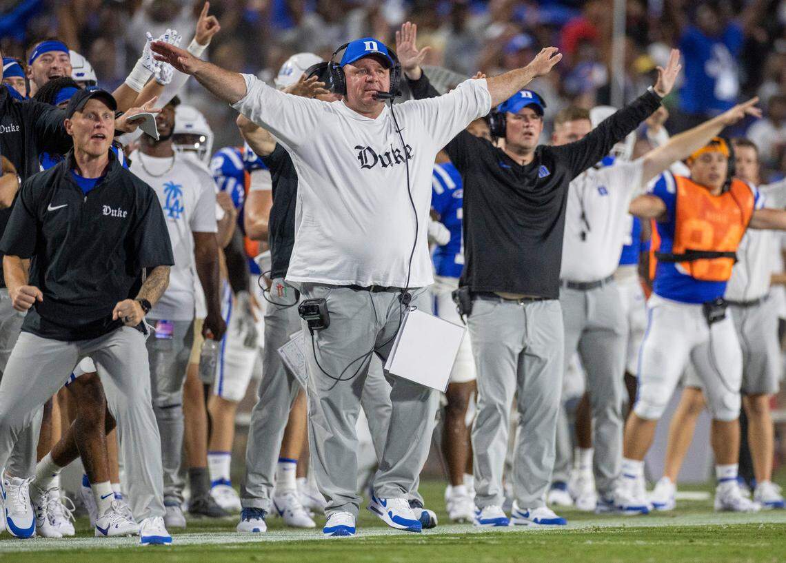 Duke coach Mike Elko reacts after his team blocked a field goal attempt by Clemson’s Robert Gunn III in the first quarter on Monday, September 4, 2023 at Wallace Wade Stadium Stadium in Durham, N.C.