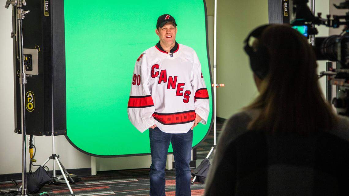 Emergency goalie Dave Ayres, 42, poses in front of a green screen while filming a promotional video for the Carolina Hurricanes Tuesday, Feb. 25, 2020. Ayers visited Raleigh Tuesday after helping the Hurricanes beat the Maple Leafs in Toronto.