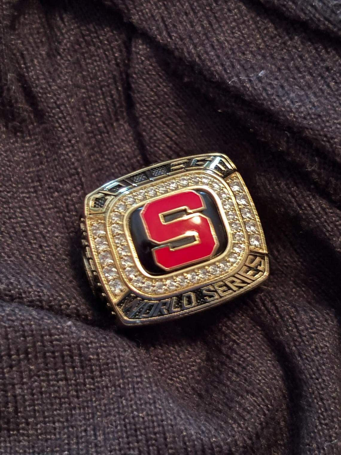 NC State championship ring presented to former Pack second baseman Clem Huffman during ceremony for 1968 ACC champs, CWS team.