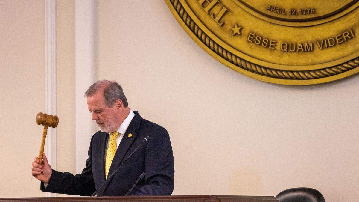 Senate President Pro Tempore Phil Berger adjourns the Senate after a vote to override a veto on an abortion restrictions bill on Tuesday, May 16, 2023, at the Legislative Building in Raleigh, N.C.