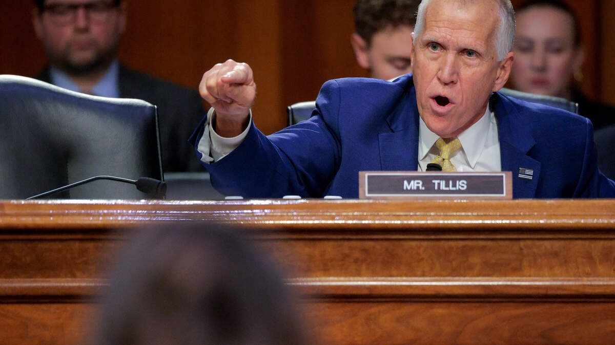 Sen. Thom Tillis speaks as U.S. Secretary of Homeland Security Kristi Noem testifies before the Senate Judiciary Committee in the Dirksen Senate Office Building on March 03, 2026 in Washington, D.C.