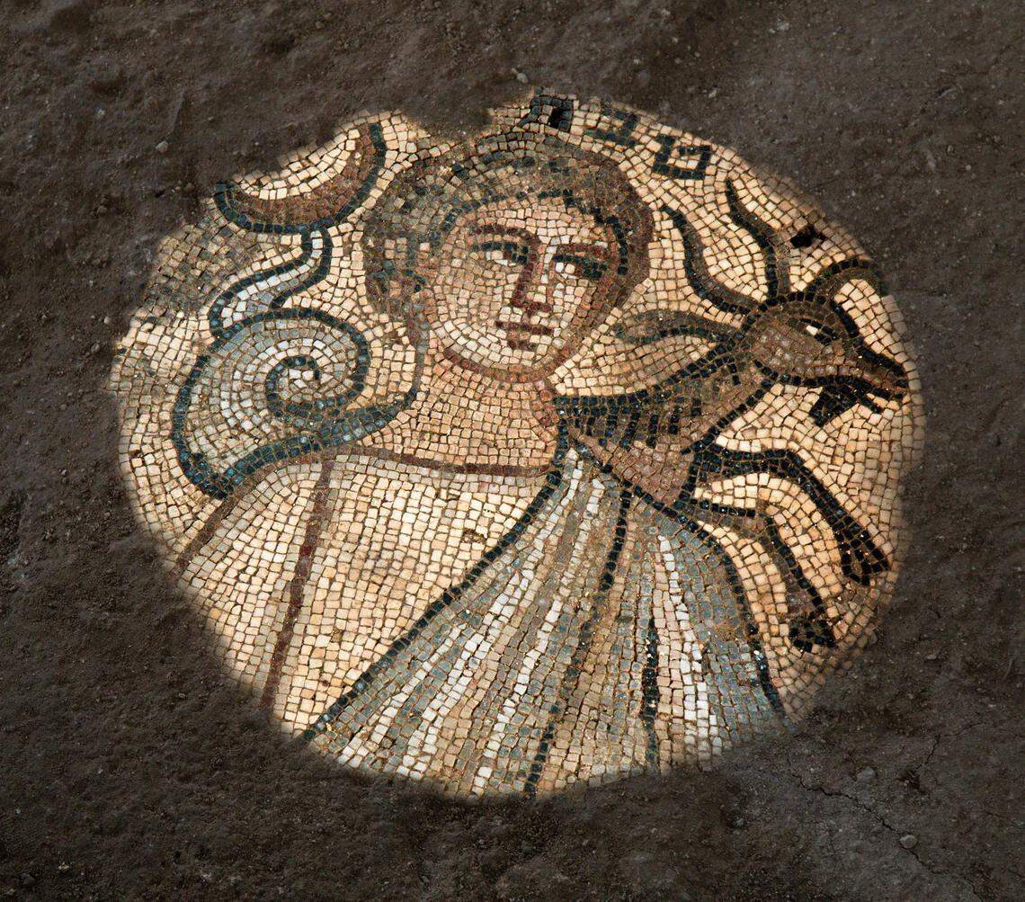 Month of Teveth with the sign of Capricorn  found at an excavation site of a fifth-century synagogue in  Huqoq, Israel. Jodi Magness, a UNC religious studies professor, has led the excavation that has led to the discoveries of  the first non-biblical scene depicted in a synagogue; painted plaster columns in rare condition; and oddly-located cisterns, which were used for water storage as well as several mosaics.