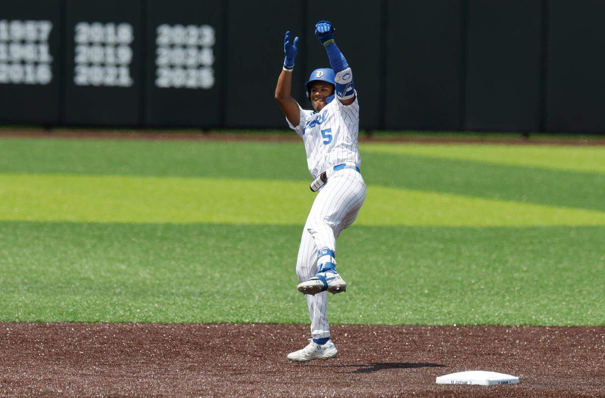 Duke’s Kyle Johnson (5) celebrates hitting a double during Duke’s game against Murray St. in the first game of Durham Super Regional at Jack Coombs Field in Durham, N.C., Sat. June 7, 2025.