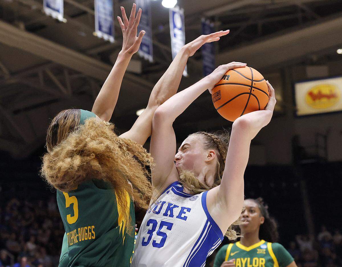 Baylor’s Darianna Littlepage-Buggs pressures Duke’s Toby Fournier during the first half of the Blue Devils’ second-round NCAA Tournament game on Sunday, March 22, 2026, at Cameron Indoor Stadium in Durham, N.C.