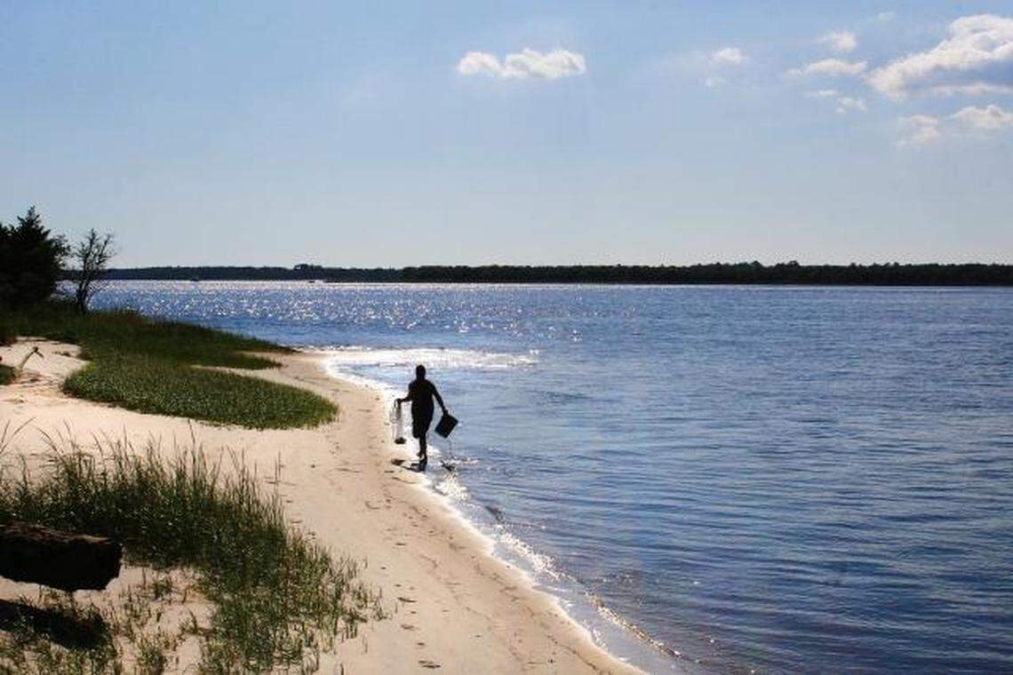 A visitor carries fishing gear along the shore of the Cape Fear River at Carolina Beach State Park. Entry to the park will remain free, but prices for campsites will increase starting May 1, 2025, to reflect increased operational costs.