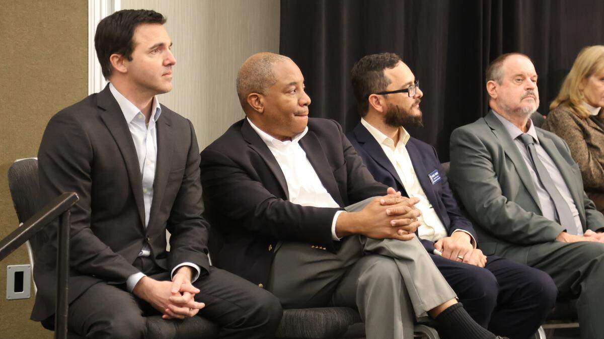 Left to right: Democratic Attorney General candidate Jeff Jackson, Democratic Superintendent of Public Instruction candidate Mo Green, Libertarian gubernatorial candidate Mike Ross, and Green Party gubernatorial candidate Michael Wayne Turner.