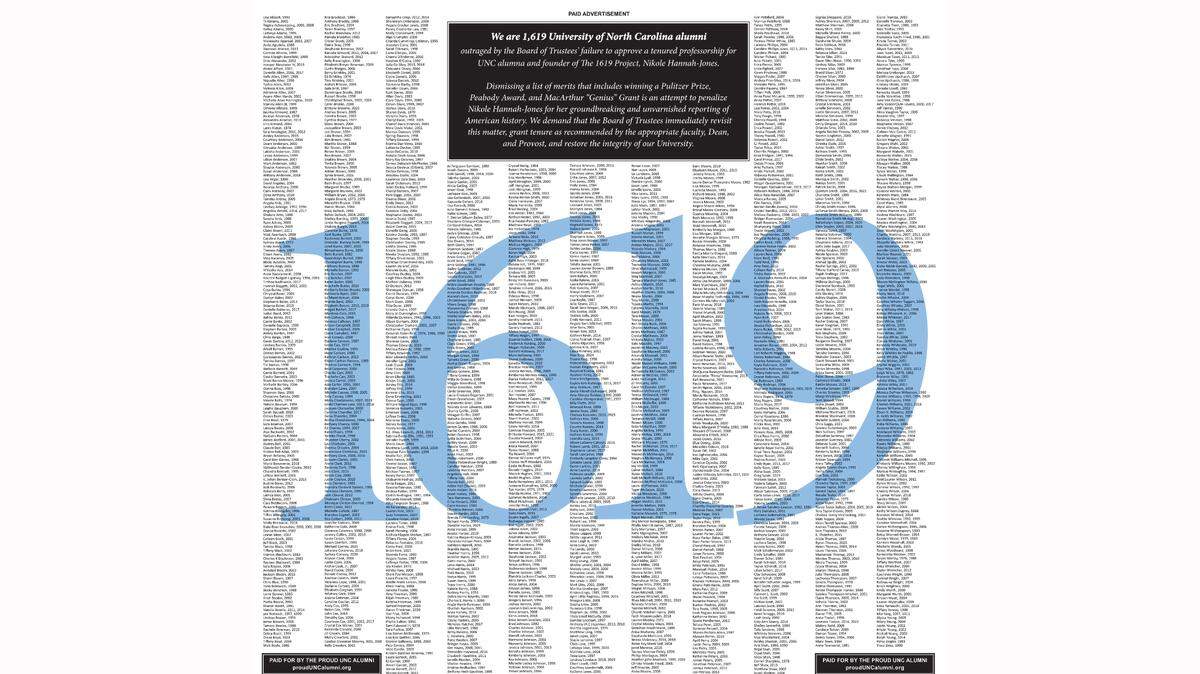 1,619 UNC alumni and students back 1619 Project’s Nikole Hannah-Jones in newspaper ad