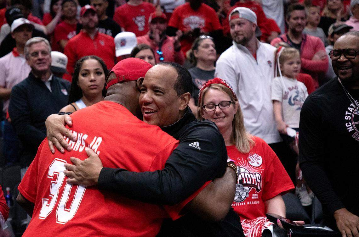 N.C. State head coach Kevin Keatts celebrates following the Wolfpack’s 76-64 win over Duke in the NCAA Tournament Elite Eight on Sunday, March 31, 2024, at American Airlines Center in Dallas, Texas.