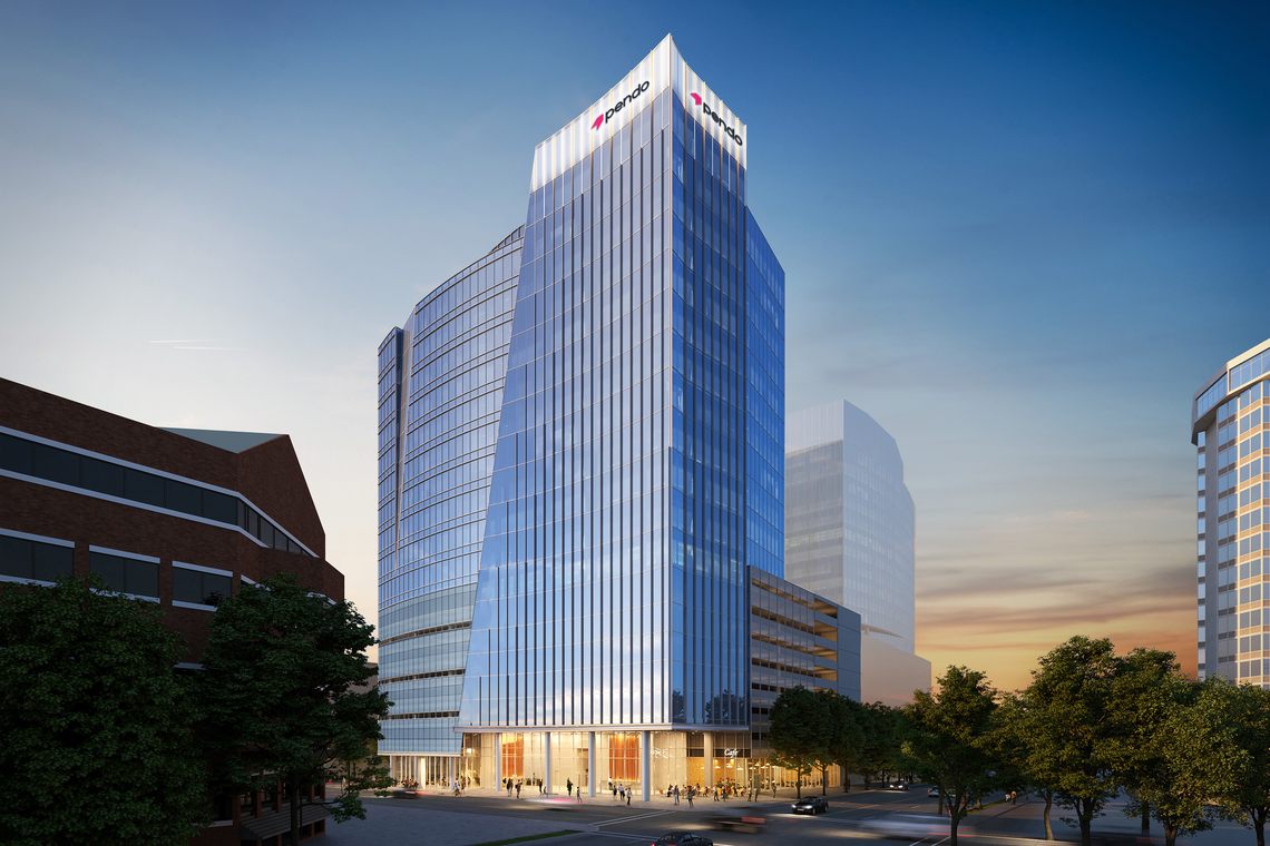A rendering of the 301 Hillsborough tower being built in downtown Raleigh by The Fallon Co. Tech company Pendo will be leasing nearly half the office space in the tower.