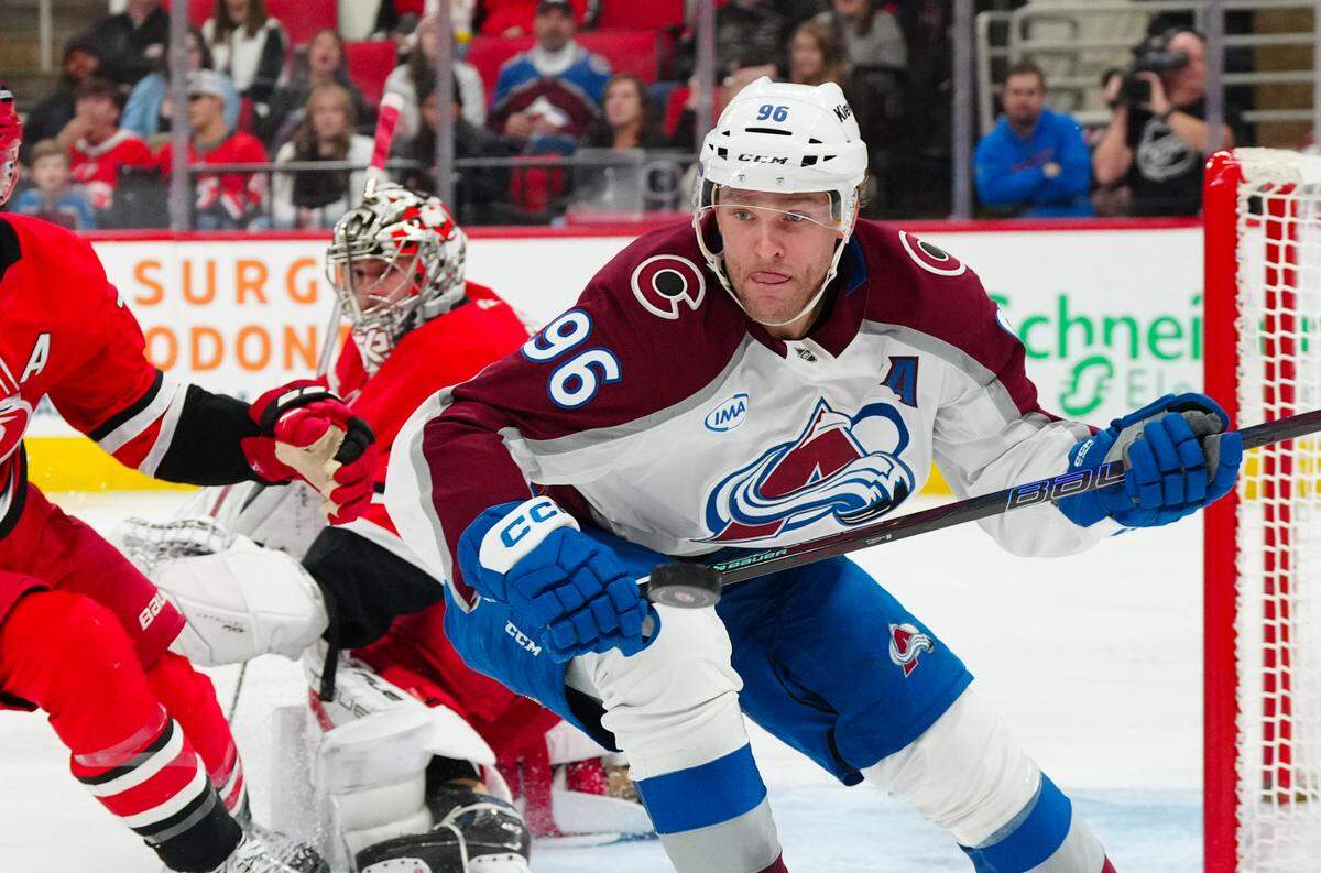 Colorado Avalanche right wing Mikko Rantanen (96) looks on after missing on his scoring attempt against the Carolina Hurricanes during the second period at Lenovo Center.