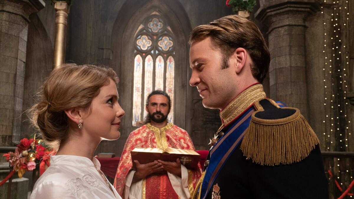Rose McIver, left, and Ben Lamb in “A Christmas Prince: The Royal Wedding” on Netflix.