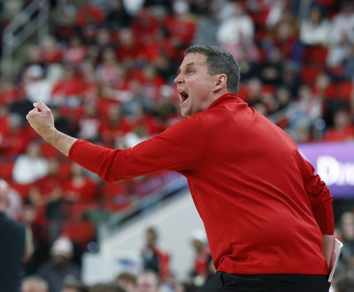 N.C. State head coach Will Wade reacts following a turnover during the second half of the Wolfpack’s 70-57 win over Wake Forest on Wednesday, Dec. 31, 2025, at Lenovo Center in Raleigh, N.C.