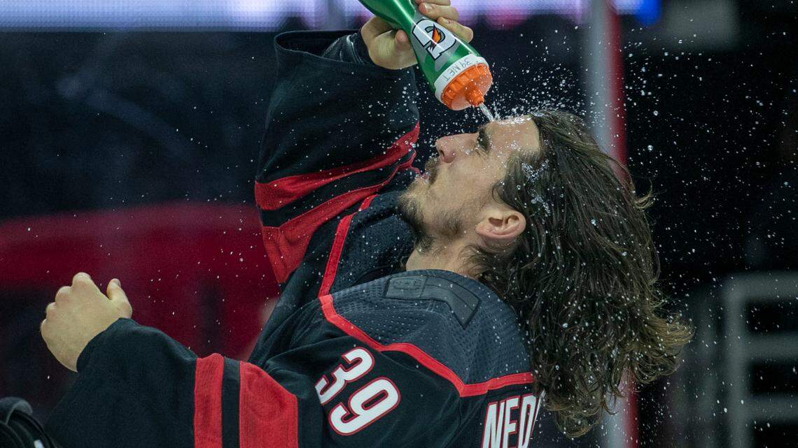 Carolina Hurricanes’ goalie Alex Nedeljkovic (39) goes through his pre-game ritual as he prepares for game two against Tampa Bay on Tuesday, June 1, 2021 at PNC Arena in Raleigh, N.C.