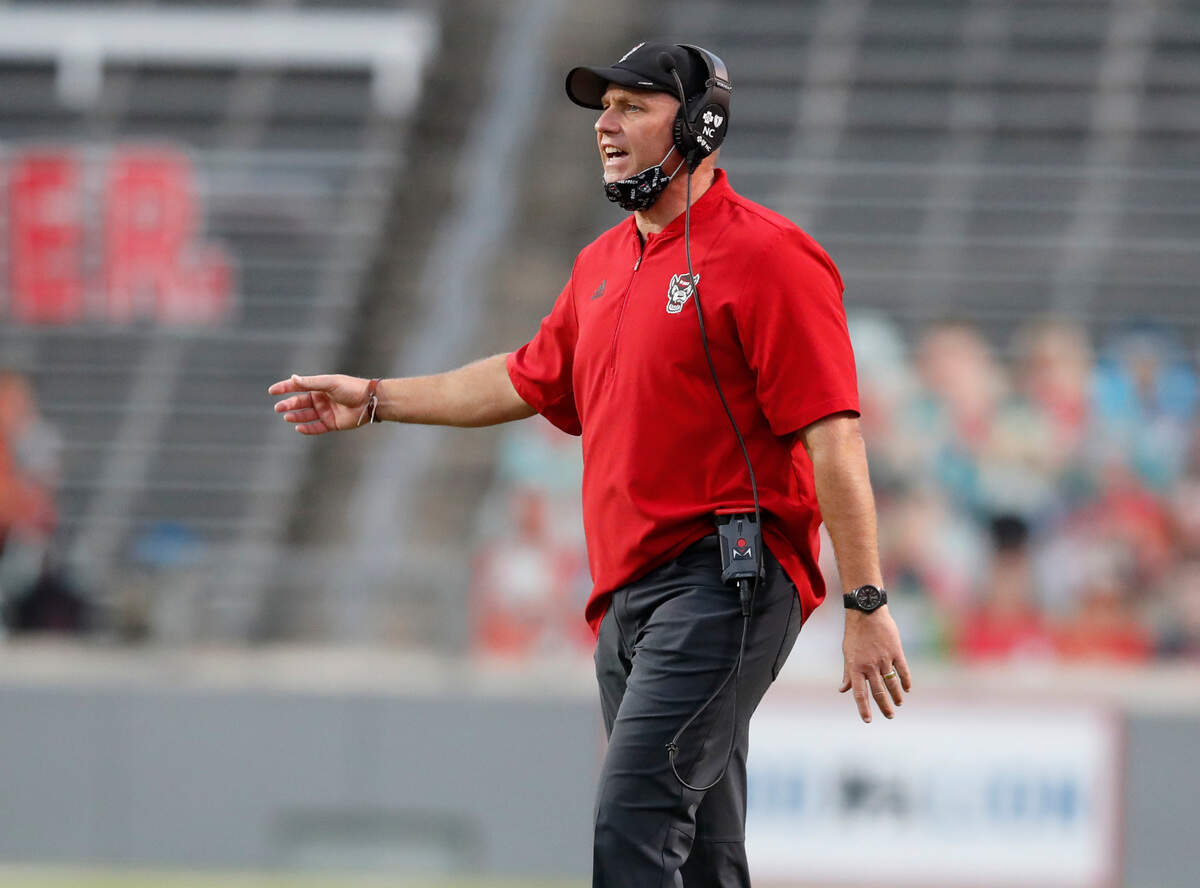 N.C. State head coach Dave Doeren yells to the officials during the second half of N.C. State’s 31-20 victory over Duke at Carter-Finley Stadium in Raleigh, N.C., Saturday, Oct. 17, 2020.
