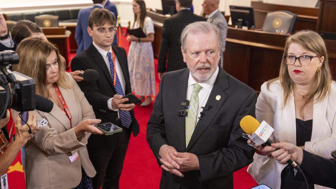Senate leader Phil Berger answers questions from reporters after the North Carolina Senate passed a mini-budget bill Tuesday, July 29, 2025, at the General Assembly. The bill will be sent to Gov. Josh Stein’s desk once it clears the House.