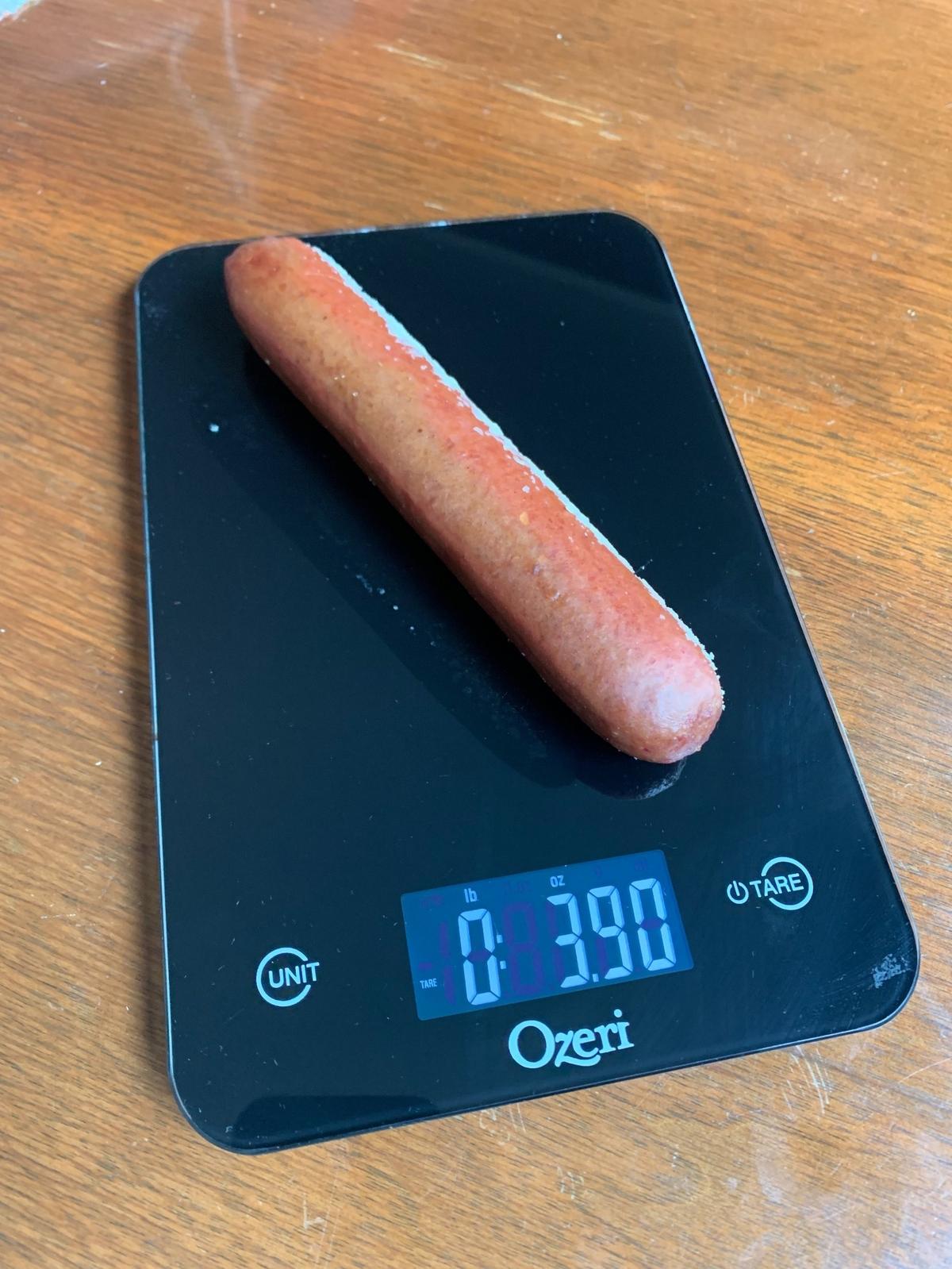 A bunless frank from Sam’s Club weighs 3.9 ounces.