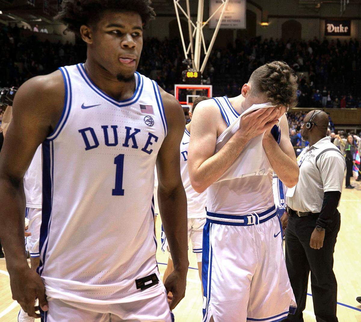 Duke’s Vernon Carey Jr. and Matthew Hurt leave the court following the Blue Devil’s 79-73 loss to Louisville on Saturday, January 18, 2020 at Cameron Indoor Stadium in Durham, N.C.
